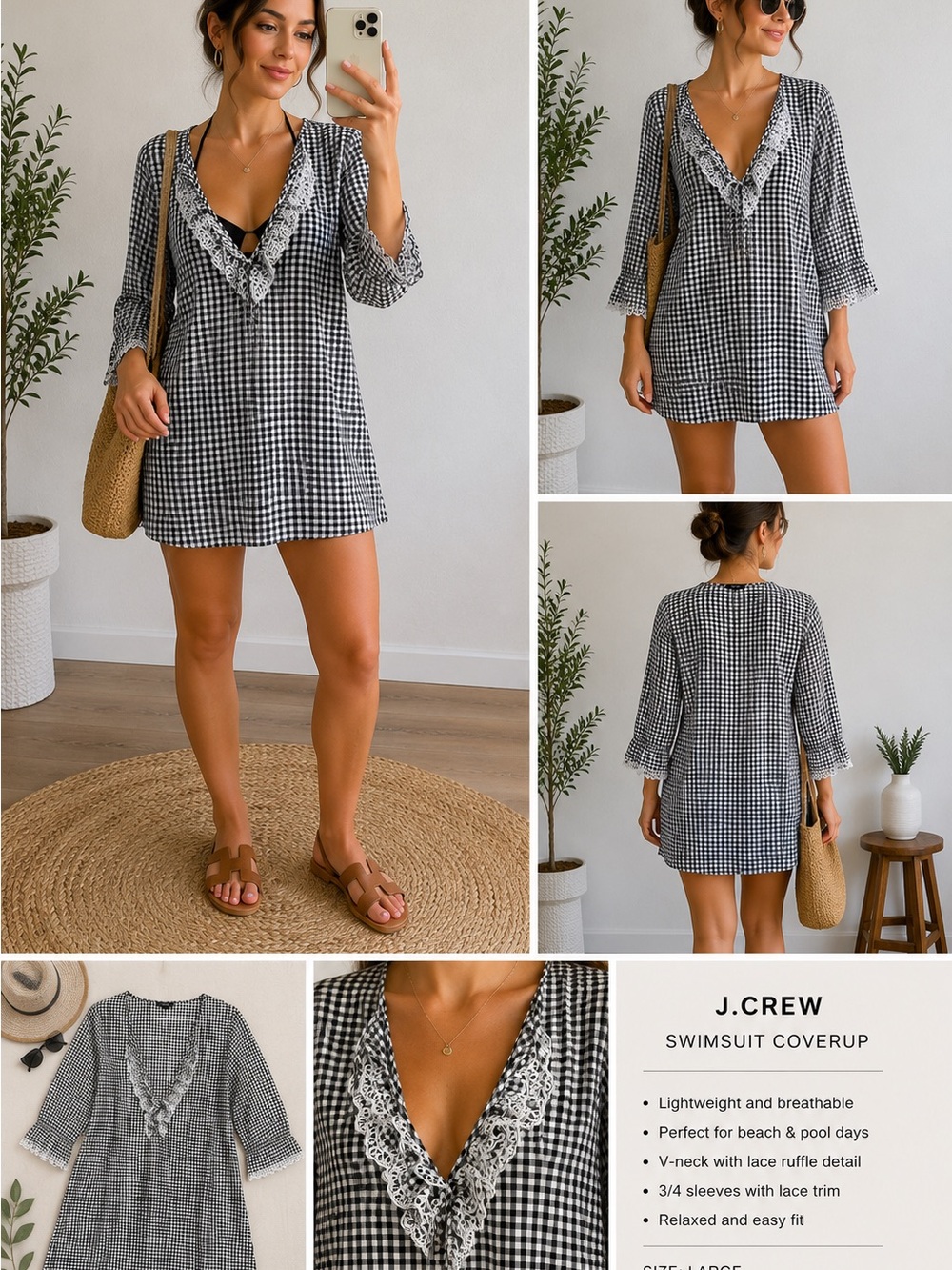 J. Crew Black White Gingham Swim Coverup Tunic Lace Trim Size Small